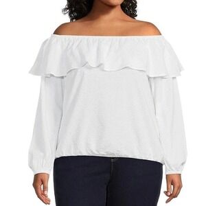 Michael Kors Off The‎ Shoulder Blouse 2X White Ruffled Seersucker Clean Beauty